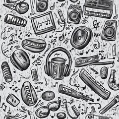 Poster - Creative doodle pattern showcases a variety of musical elements, including instruments, notes, speakers, and headphones, celebrating sound. Generative AI