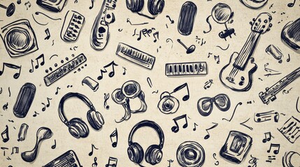 Poster - A vibrant doodle pattern features various musical instruments, notes, headphones, speakers, and sound waves, celebrating the joy of music. Generative AI