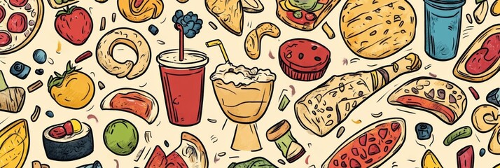 Poster - Whimsical doodles showcase a variety of foods such as pizza, sushi, vibrant fruits, refreshing drinks, and delightful desserts in a lively design. Generative AI