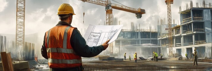Fototapete - An engineer stands on a busy construction site, holding blueprints while overseeing the progress of workers and cranes busy at work. Generative AI
