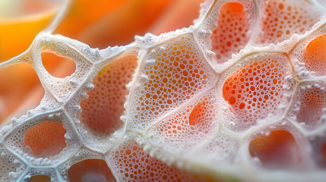 3D Rendered Honeycomb Leaf Texture: Macro Close-up,  Warm Orange Tones,  Organic Structure