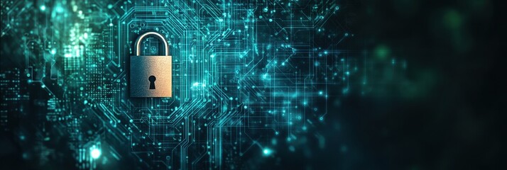 Fototapete - This artwork features a vibrant interplay of padlocks and keys against a digital background, symbolizing security and protection in technology. Generative AI