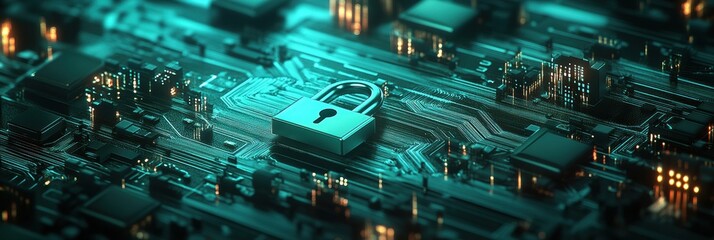 Fototapete - A vibrant abstract circuit background integrates padlocks and keys, symbolizing security and access. Generative AI