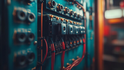 Poster - Close up of tidy electrical panel with organized cables and components, showcasing well maintained setup. image conveys sense of order and efficiency in electrical systems