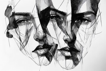 Poster - Two expressive faces drawn in black and white ink illustrate raw emotions with striking contrasts and detailed line techniques. Generative AI