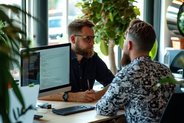 Poster - Two men engage in a deep discussion about programming and technology in a bright, modern workspace filled with greenery and natural light.
