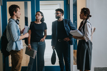 Poster - A group of students and a professor engage in a discussion outside a classroom. They are holding books and notebooks, symbolizing education and collaboration.