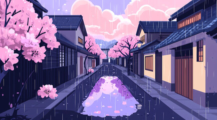 Wall Mural - A flat illustration of the streets in ancient Japan, with pink cherry blossoms blooming on both sides and water puddles reflecting the sky