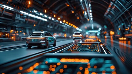 Poster - Futuristic cars driving through a modern, illuminated tunnel.