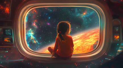 Wall Mural - A young girl sitting on the window of a spaceship, gazing at the Earth below