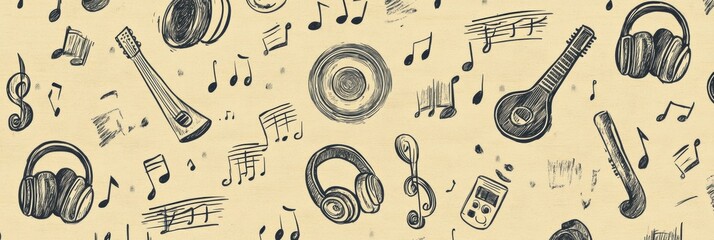 Poster - This doodle pattern showcases an array of musical instruments, notes, headphones, and sound waves in a whimsical design. Generative AI