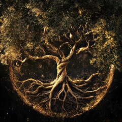 Poster - An intricate depiction of a tree of life showcases its entwined branches and roots, representing unity and natural growth through time. Generative AI