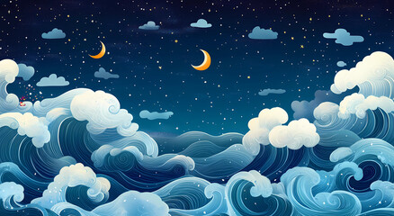 Wall Mural - Cute cartoon vector-style landscape background of ocean waves and clouds at night with a crescent moon