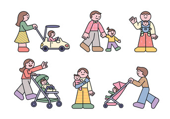 Poster - Parents walking with their baby. Strollers, baby carriers and baby cars. outline simple vector illustration.