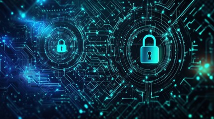 Fototapete - This digital art features a vibrant combination of padlocks and keys set against a high-tech, abstract backdrop, symbolizing security. Generative AI