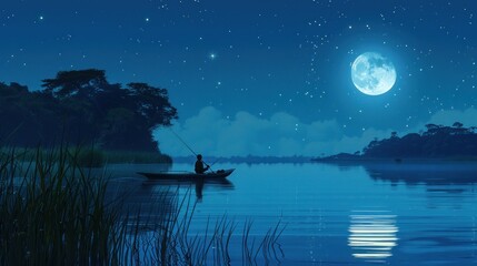 Solitary fisherman on a tranquil lake under a full moon at night.