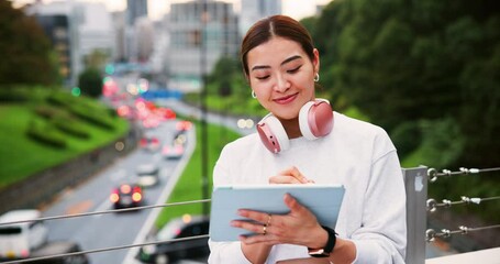 Aufkleber - City, smile and tablet with business woman outdoor for creative web development as graphic designer. Bridge, pen and traffic with Japanese employee in urban town for deadline as editor or publisher