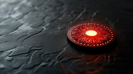 Poster - Close-up of a Circular Decorative Piece with Intricate Design and a Soft Red Glow on a Textured Dark Surface, Ideal for Modern Art and Interior Design Concepts