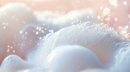Poster - Close-Up of Soft and Sparkling Soap Bubbles with a Gentle Gradient Background Creating a Calming and Refreshing Atmosphere for Relaxation and Cleanliness