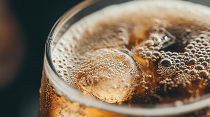 Poster - Close-up View of Refreshing Carbonated Beverage with Ice Cubes and Bubbles Captured in High Detail, Perfect for Summer Ads, Food and Drink Promotions