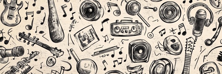 Poster - This artwork showcases a lively pattern filled with musical instruments, notes, headphones, and sound waves, celebrating music. Generative AI