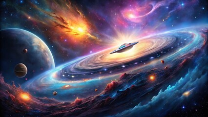 Wall Mural - a solitary spaceship navigates the vast cosmic expanse, illuminated by a vibrant nebula and surround