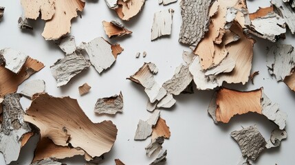 Poster - Detailed Close-Up of Various Tree Bark Pieces Displaying Texture, Color Variation, and Natural Patterns on a Neutral Background for Creative Projects