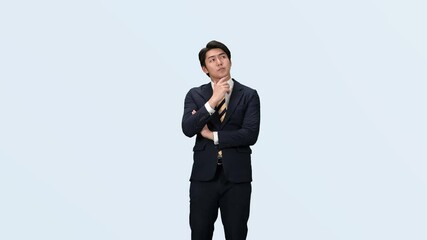 Leinwandbilder - 悩み、疑問、問題、トラブル、考える、ビジネス、転職、迷う、ビジネスパーソン、ビジネスマン、悩む、困る、心配、不安、不満、課題、憂鬱、憂うつ、イライラ、男性、日本人、ストレス、仕事、人材、経営、プレッシャー、フラストレーション、緊張、疲労、後悔、悔しい、失敗、ミス、切り抜き、コピースペース、60p、120p、スローモーション、予想、落ち込む、がっかり、決断、進路、キャリア、スーツ、検討、白バック、動