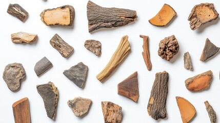 Poster - A Diverse Collection of Natural Wood Pieces on a White Background Showcasing Unique Textures, Patterns, and Colors for Craft and Design Inspiration