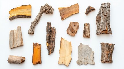 Poster - Variety of Natural Textures Featuring Different Types of Wood Pieces Arranged on a White Background for Creative Projects and Design Inspiration