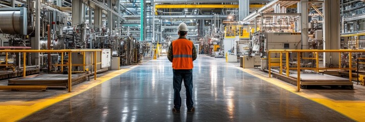 Leinwandbilder - Engineer in an orange safety vest stands in a vast industrial factory assessing machinery and workflow efficiency during daytime. Generative AI