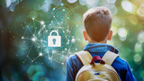 protect kid or children or student clients confidential information and cyber security in school with a white accent, png