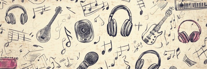 Poster - Vibrant doodles illustrate various musical elements including instruments, notes, and sound waves, creating an engaging and artistic composition. Generative AI