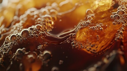 Poster - Close-Up of Effervescent Bubbles in Dark Refreshing Drink, Highlighting the Textures and Reflections of Ice Cubes in Carbonated Beverages Under Soft Light