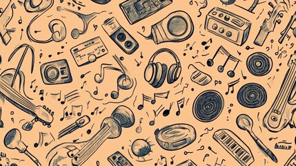 Poster - This artwork showcases a lively pattern filled with various musical instruments, notes, headphones, and sound waves, creating an energetic vibe. Generative AI