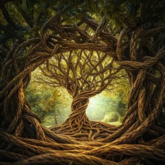 Leinwandbilder - An abstract representation showcases a tree with twisted branches and roots, illustrating the beauty of life and interconnectedness in nature. Generative AI