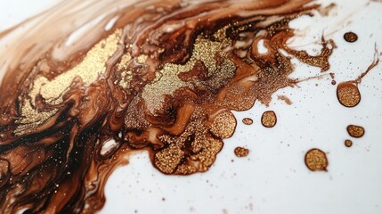 Poster - Abstract Art with Metallic Gold and Brown Swirls on White Background, Capturing the Elegance and Fluidity of Gold Dust and Earthy Tones in Contemporary Design