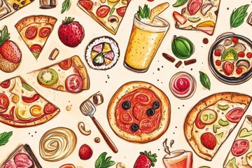 Poster - Lively doodles of delicious foods including pizza, sushi, fruits, drinks, and desserts showcase a playful and vibrant culinary theme. Generative AI