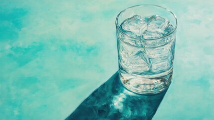 Poster - Crystal Clear Glass of Water with Ice Cubes Reflecting Light on a Soft Aqua Background, Evoking Refreshment and Relaxation in a Tranquil Setting
