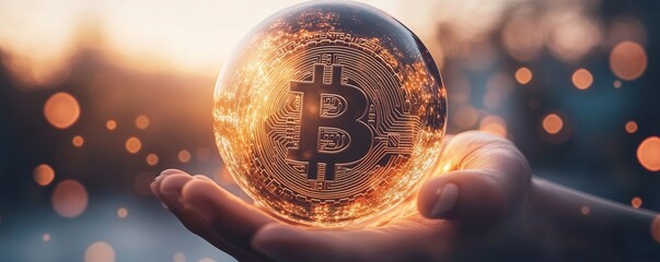 Poster - Dynamic bitcoin sphere digital realm graphic representation futuristic environment close-up view cryptocurrency concept for enhanced understanding
