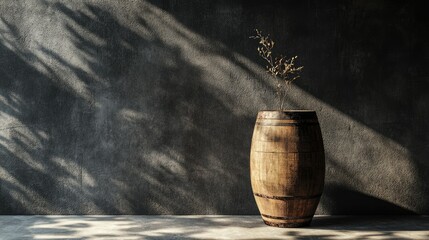 Poster - Rustic Wooden Barrel with Plant Against Textured Dark Wall, Natural Light and Shadows Creating Minimalist Aesthetic for Modern Interior Design Concepts