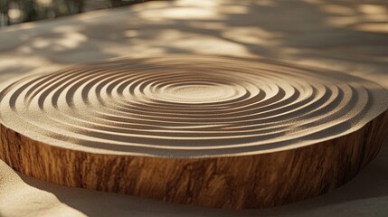 Poster - Close-Up of Circular Sand Patterns on Natural Wooden Surface with Soft Lighting Creating a Calm and Zen Atmosphere for Relaxation and Meditation Spaces