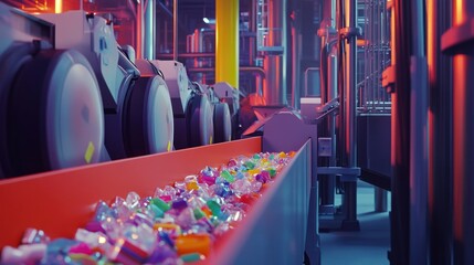 Poster - Industrial Conveyor Belt with Colorful Objects