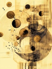 Leinwandbilder - Abstract drawing showcases falling coins and price tags in an artistic blend, creating a sense of movement and value perception. Generative AI