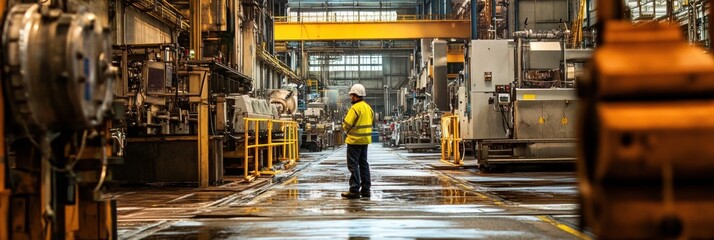 Aufkleber - Engineer assesses machinery and equipment in a busy industrial factory filled with various production units and tools during the day. Generative AI