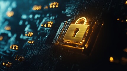 Poster - Digital Padlock on Circuit Board Representing Cybersecurity