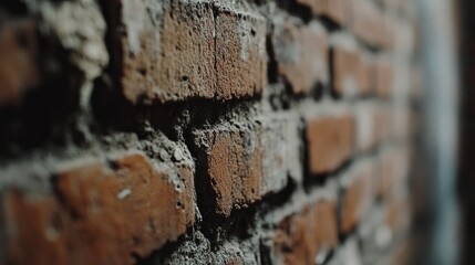 Poster - Close-Up of Weathered Red Brick Wall with Mortar Shows Details of Textures and Patterns in an Aged Urban Environment Ideal for Background Use in Creative Projects