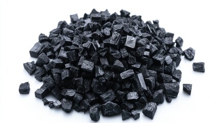 Poster - A Close-Up View of a Pile of Black Crushed Stones or Minerals on a Plain White Background, Perfect for Texture, Industry, or Nature Related Projects