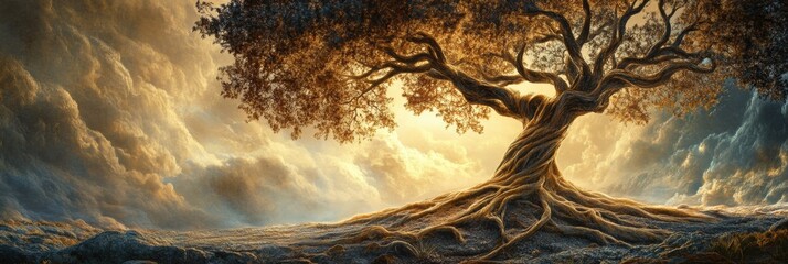 Leinwandbilder - A majestic tree with sprawling branches and intricate roots represents life's growth and interconnectedness, illuminated by a warm sunset glow. Generative AI