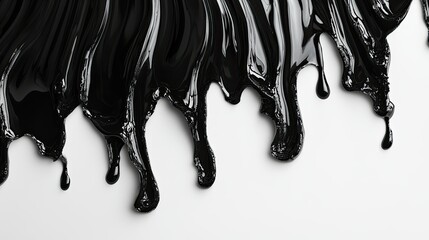 Poster - Glossy Black Paint Dripping Down a White Surface, Capturing the Beauty of Liquid Form and Contrast in an Artistic Composition Perfect for Modern Design Projects